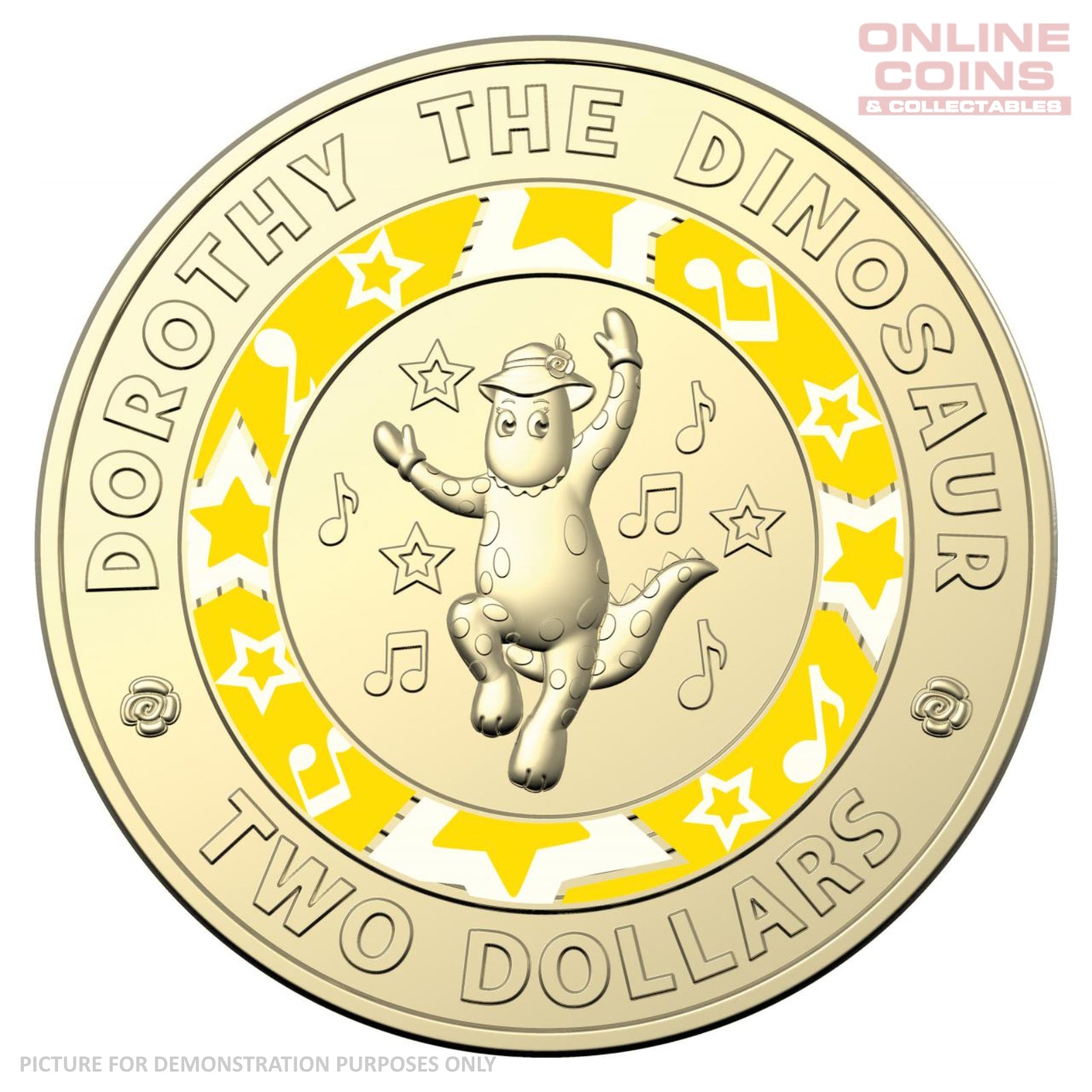 2021 RAM 30 Years of Wiggles - $2 Loose Circulated Coloured Coin - Dorothy The Dinosaur - YELLOW